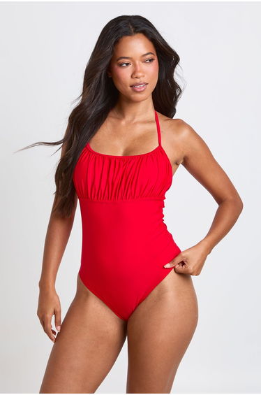 Ruched Halter Neck Neck Swimsuit - red