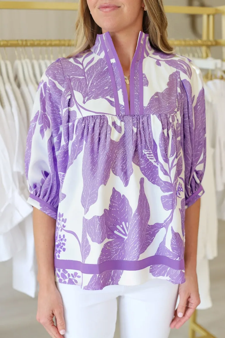 Lvness Purple Leafy Print 3/4 Sleeve Striped Trim Split Neck Blouse