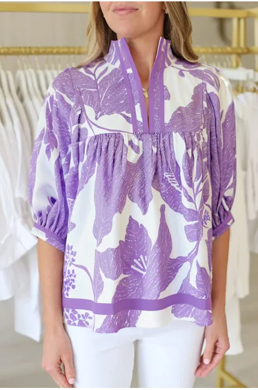 Lvness Purple Leafy Print 3/4 Sleeve Striped Trim Split Neck Blouse