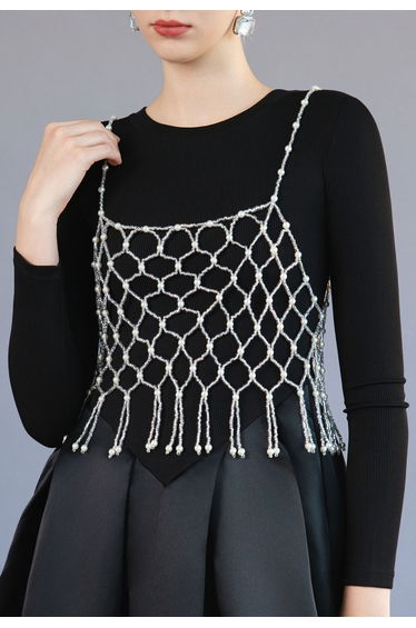 Handcrafted Pearl Lattice Tassel Cami Overlay for Music Festivals & Club Night Outings