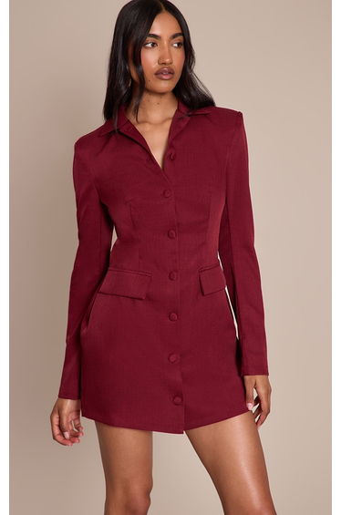 Burgundy Tailored Button Up Pocket Detail Mini Dress