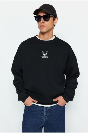 Black Oversize/Wide Cut Crew Neck Long Sleeve Animal Embroidered Sweatshirt