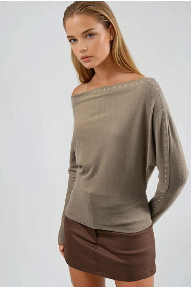 BUSEM Boat Neck Blouse with Stone Accessory