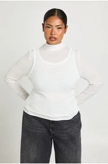 Plus 2-1 Layered High Neck Long Sleeve Top - white