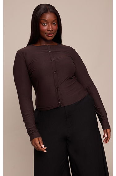 Plus Chocolate Soft Touch Popper Fitted Long Sleeve Long Top