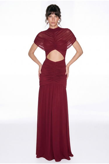 Danai Cutout Ruch Maxi Dress In Red