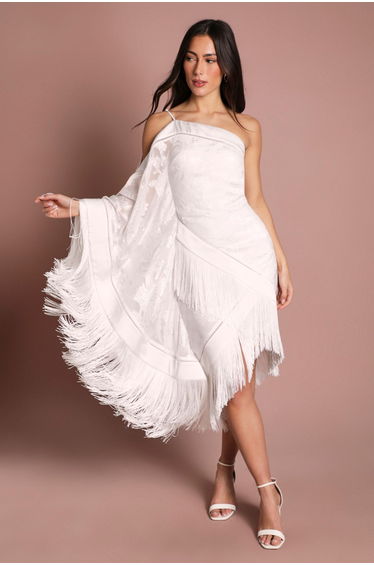 One Shoulder Fringe Detail Bridal Mini Dress