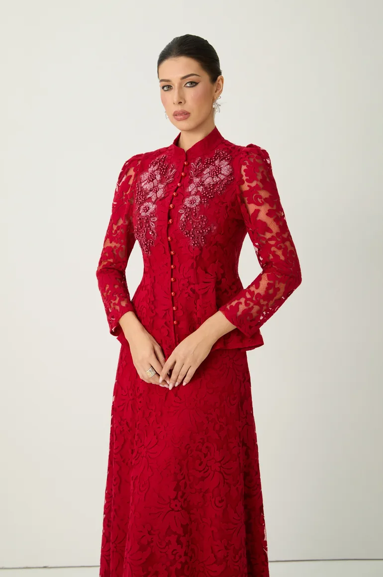 All This Allure Red Floral Embroidered Lace Top & Skirt Set - 8
