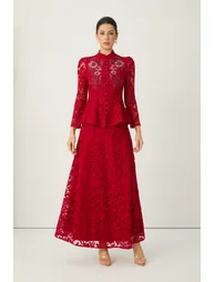 All This Allure Red Floral Embroidered Lace Top & Skirt Set - 2