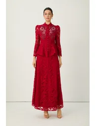 All This Allure Red Floral Embroidered Lace Top & Skirt Set