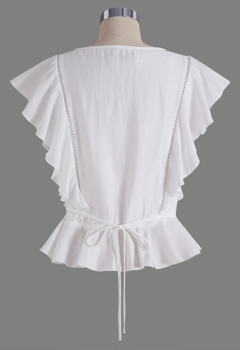 Fluttering Ruffle Ladder-Lace Buttoned Sleeveless Top in White for Grocery Run & Neighborhood Walk - 10