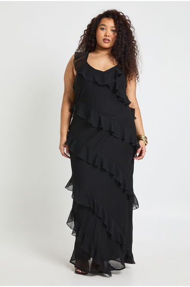 Plus Chiffon Ruffle Strappy Maxi Dress - black
