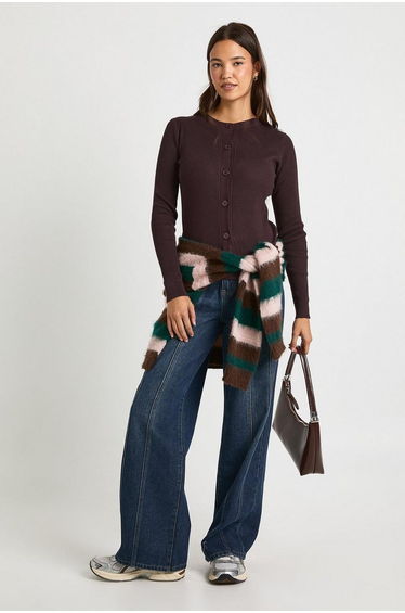 Rib Knit High Neck Button Down Knitted Cardigan - chocolate