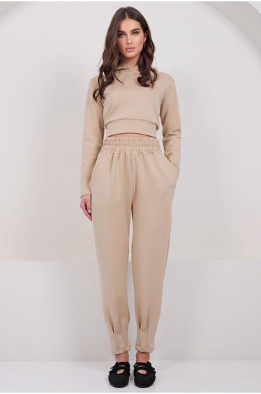 Women's Beige Hooded Crop Sweatshirt and Stitching Detailed Trousers Set
