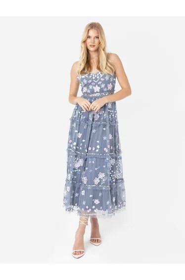 Maya Dusty Blue Floral Embellished Cami Midi Dress