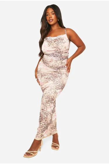 Plus Mesh Leopard Print Lace Detail Maxi Dress