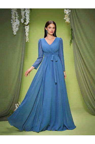 Leely Elegant V Neck Long Sleeve Evening Gown