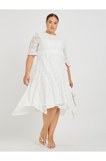 Plus Size Lace High Neck Asymmetric Hem A-Line Midi Dress