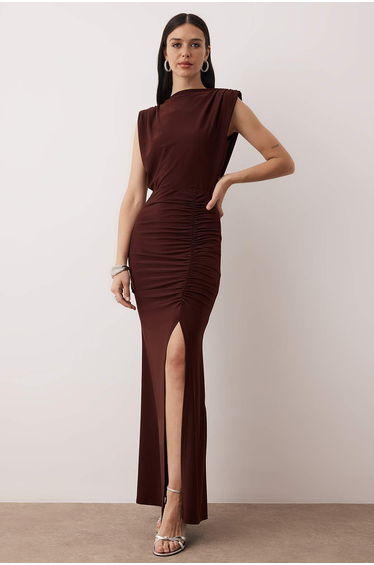 Brown bodycon draped woven long elegant evening dress