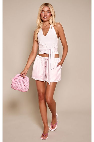 Pale Pink Soft Cotton Halterneck Wrap Waist Detail Cami Top