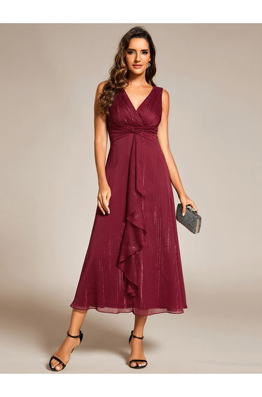ever MEI|Glitter Sleeveless A-Line Midi Wedding Guest Dress with Ruffled Hem