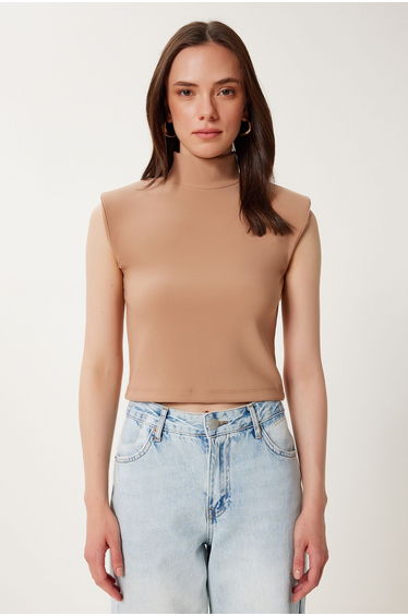 Women's Biscuit Stand Collar Padded Ribbed Stretchy Knitted Blouse