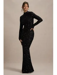 Galaxy | Black Sequin Turtle-Neck Long-Sleeve Maxi Dress - 4