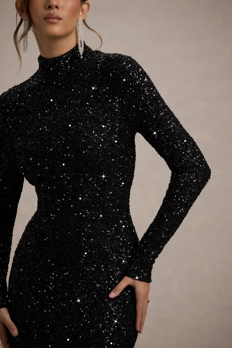 Galaxy | Black Sequin Turtle-Neck Long-Sleeve Maxi Dress - 1