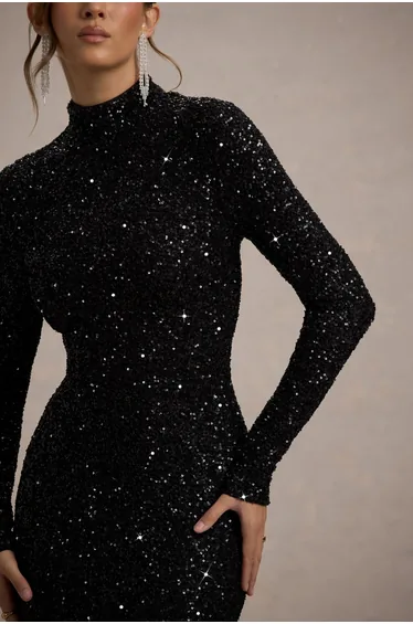 Galaxy | Black Sequin Turtle-Neck Long-Sleeve Maxi Dress