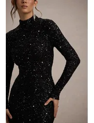 Galaxy | Black Sequin Turtle-Neck Long-Sleeve Maxi Dress - 1