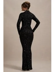 Galaxy | Black Sequin Turtle-Neck Long-Sleeve Maxi Dress - 2