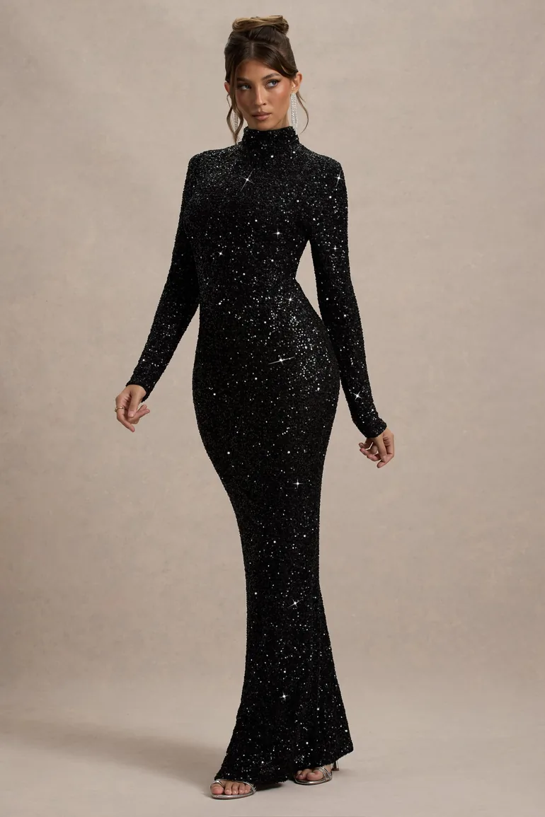 Galaxy | Black Sequin Turtle-Neck Long-Sleeve Maxi Dress - 3