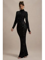 Galaxy | Black Sequin Turtle-Neck Long-Sleeve Maxi Dress - 3