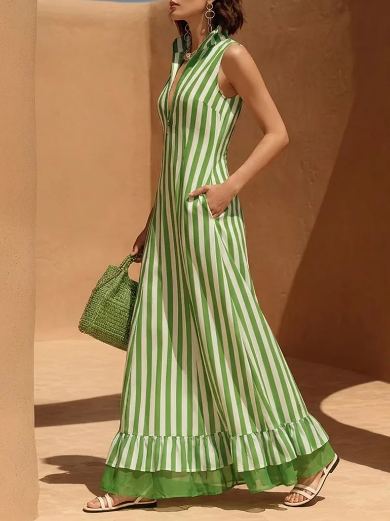 Zipper Striped Split-Joint Ruffled Pockets Contrast Color Sleeveless Loose Stand Collar Maxi Dresses - 2
