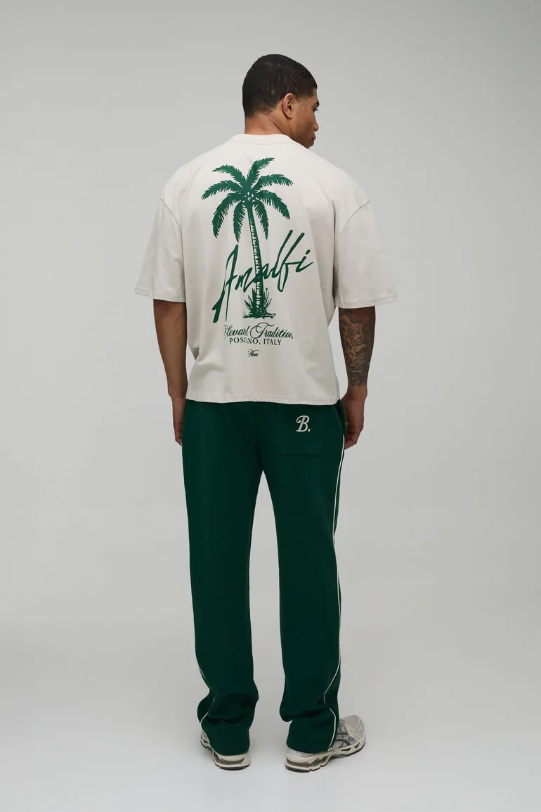 Oversized Boxy Heavyweight Amalfi Palm Print Extended Neck T-Shirt - stone - 2