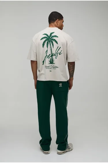 Oversized Boxy Heavyweight Amalfi Palm Print Extended Neck T-Shirt - stone