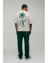 Oversized Boxy Heavyweight Amalfi Palm Print Extended Neck T-Shirt - stone - 2