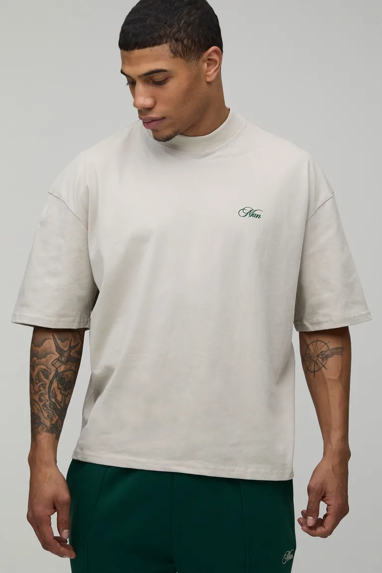 Oversized Boxy Heavyweight Amalfi Palm Print Extended Neck T-Shirt - stone