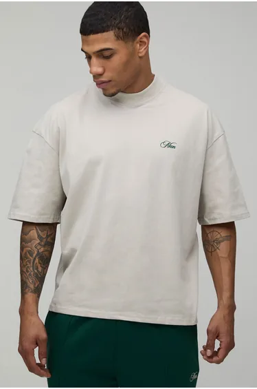 Oversized Boxy Heavyweight Amalfi Palm Print Extended Neck T-Shirt - stone