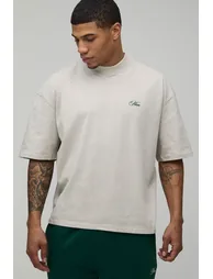 Oversized Boxy Heavyweight Amalfi Palm Print Extended Neck T-Shirt - stone