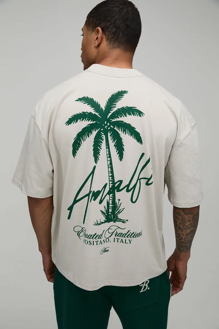 Oversized Boxy Heavyweight Amalfi Palm Print Extended Neck T-Shirt - stone - 1