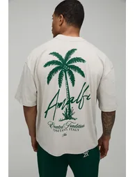 Oversized Boxy Heavyweight Amalfi Palm Print Extended Neck T-Shirt - stone - 1