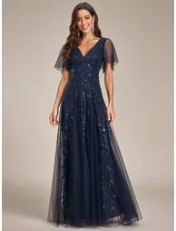 Deep V Neck Sequin Evening Gown With Short Sleeves - 2