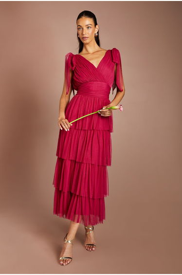 Tie Shoulder Tiered Mesh Bridesmaid Midi Dress