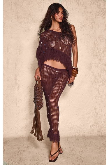 Chocolate Sequin Knit Fringe Maxi Skirt