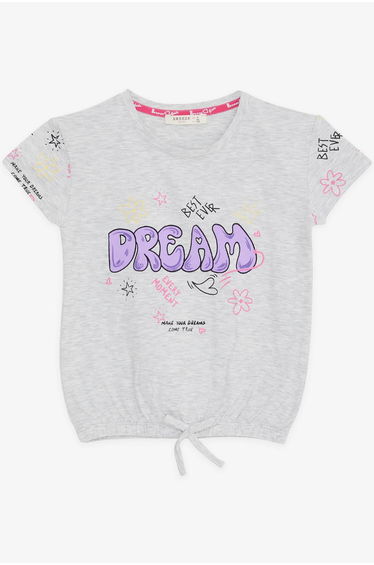 Girls' T-shirt with Colorful Text Print, Dream Theme, Light Grey Melange (Ages 5-10)
