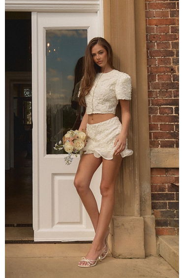 Cream Boucle Floral Button Short Sleeve Top