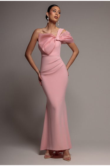 Organza Bow One Shoulder Scuba Crepe Maxi Dress - Blush Pink by Goddiva