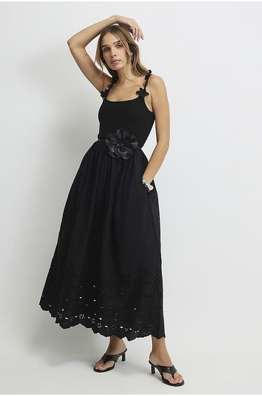 Black Poplin Broderie Tie Back Midi Dress