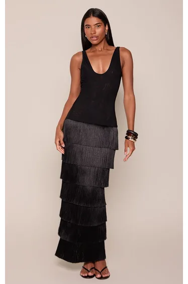 PLT Label Black Mesh Fringe Skirt Maxi Dress